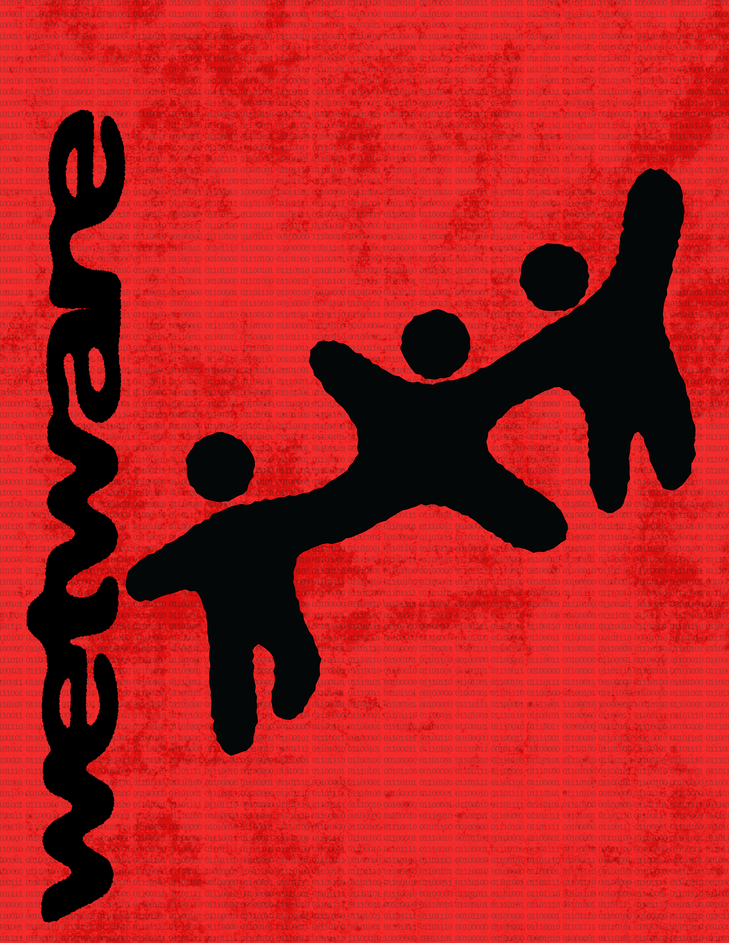 Red background. Digital poster design of three human-like figures in black silhouttes and the word "wetware" in black text moving vertically up the left side of the image.