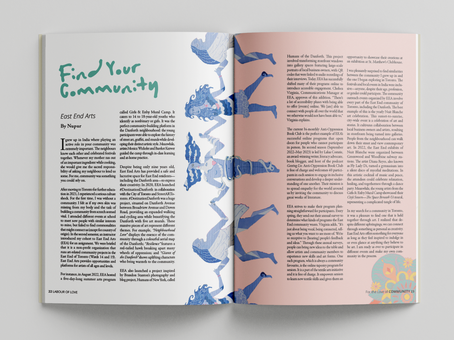Open magazine spread with article titled "Find Your Community". Left page has black text on white background, right page has black text on pink background.