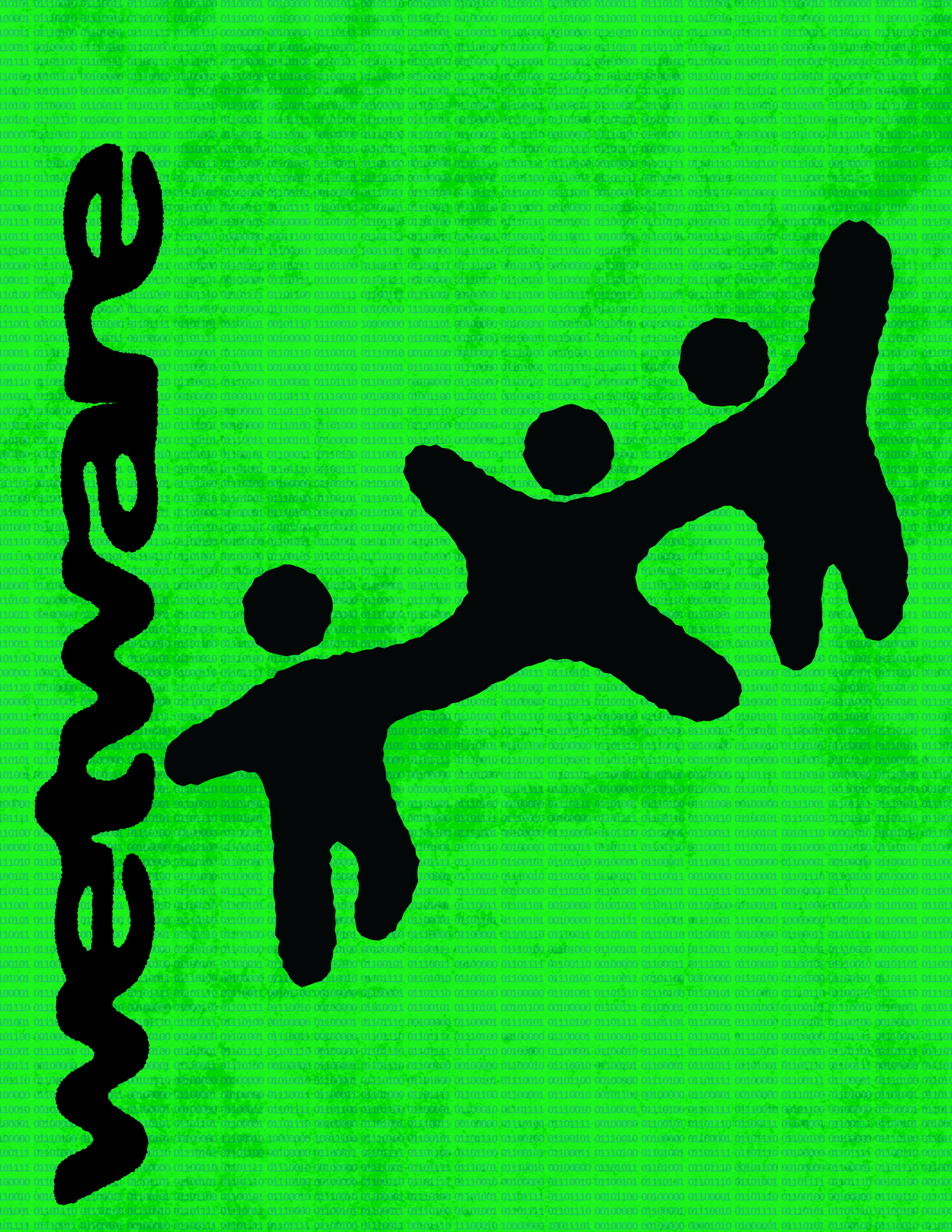 Green background. Digital poster design of three human-like figures in black silhouttes and the word "wetware" in black text moving vertically up the left side of the image.