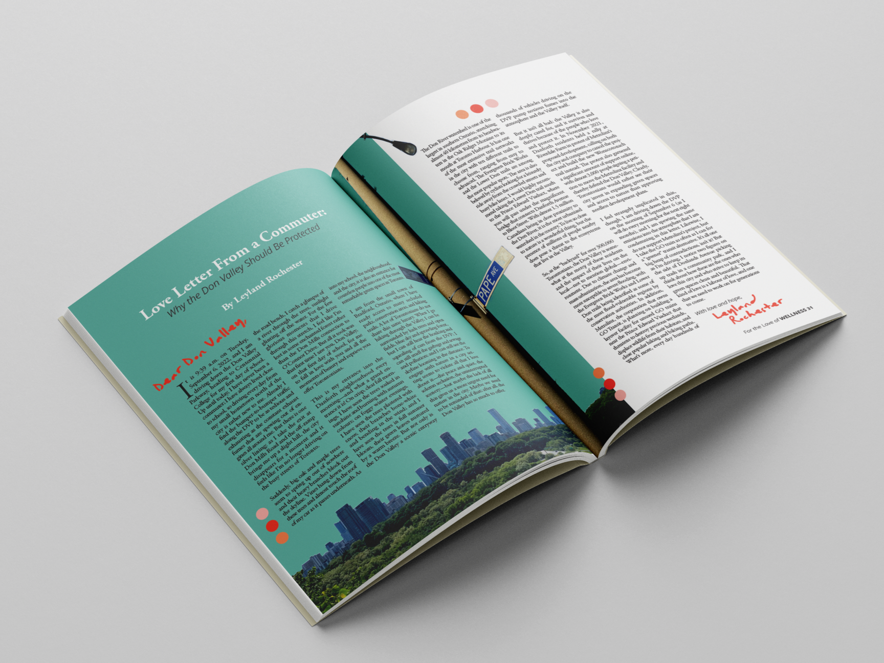 Open magazine with two pages visible. The left page has a teal background with white and red handwritten-style text and a cityscape illustration at the bottom. The right page contains black text on a white background, with some decorative elements.