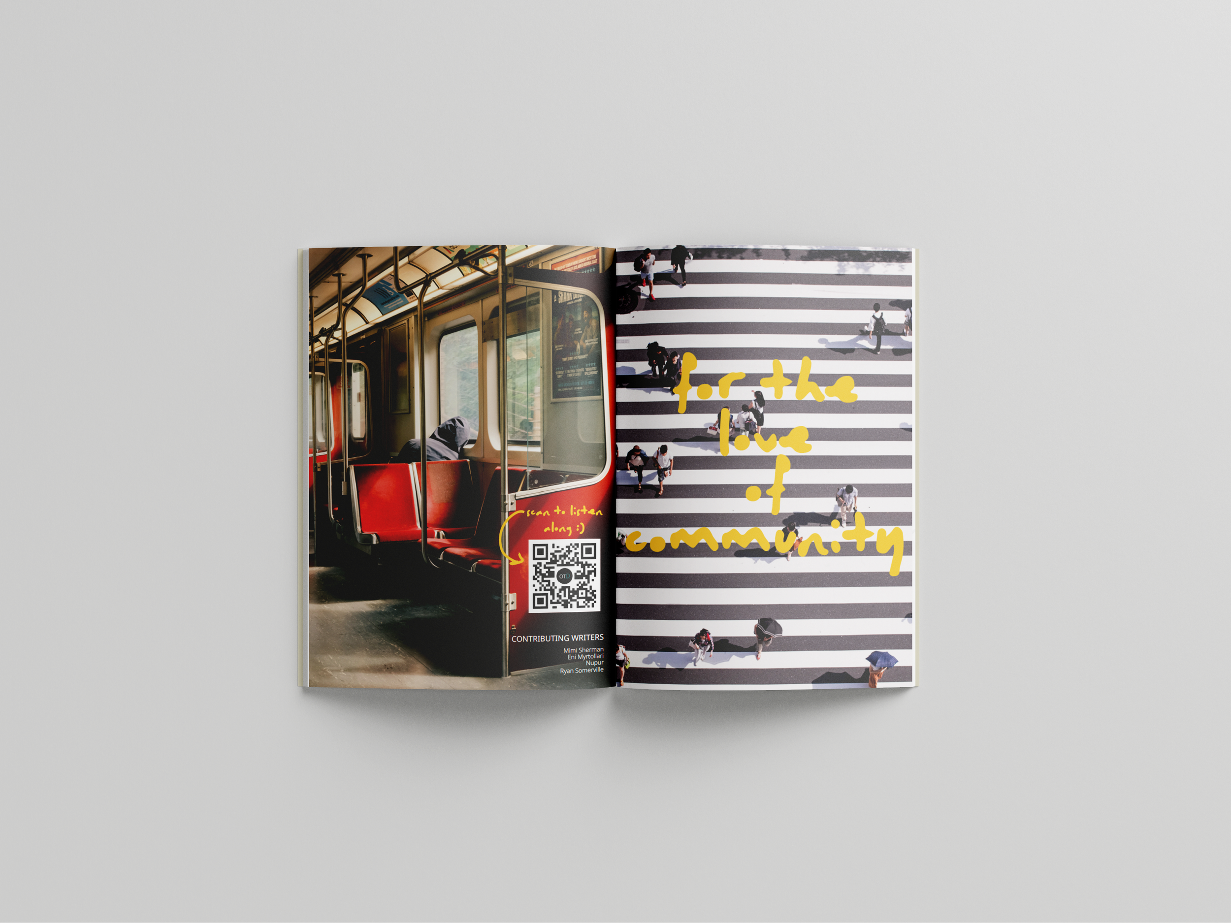 Open magazine showing two pages; the left page a photo of the interior of a subway train with red seats and large windows, and the right page displays a black-and-white striped pedestrian crosswalk with several people walking across, with yellow handwritten text overlaying the image.