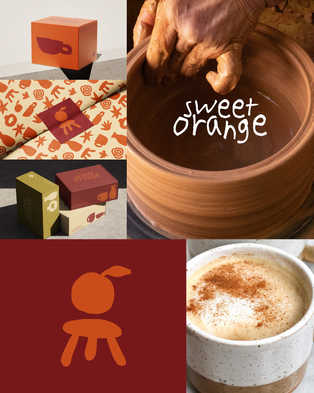 Collage of packaging and beverages featuring the brand 'Sweet Orange,' including boxes, wrapping paper, ceramic mugs, and clay on a pottery wheel.