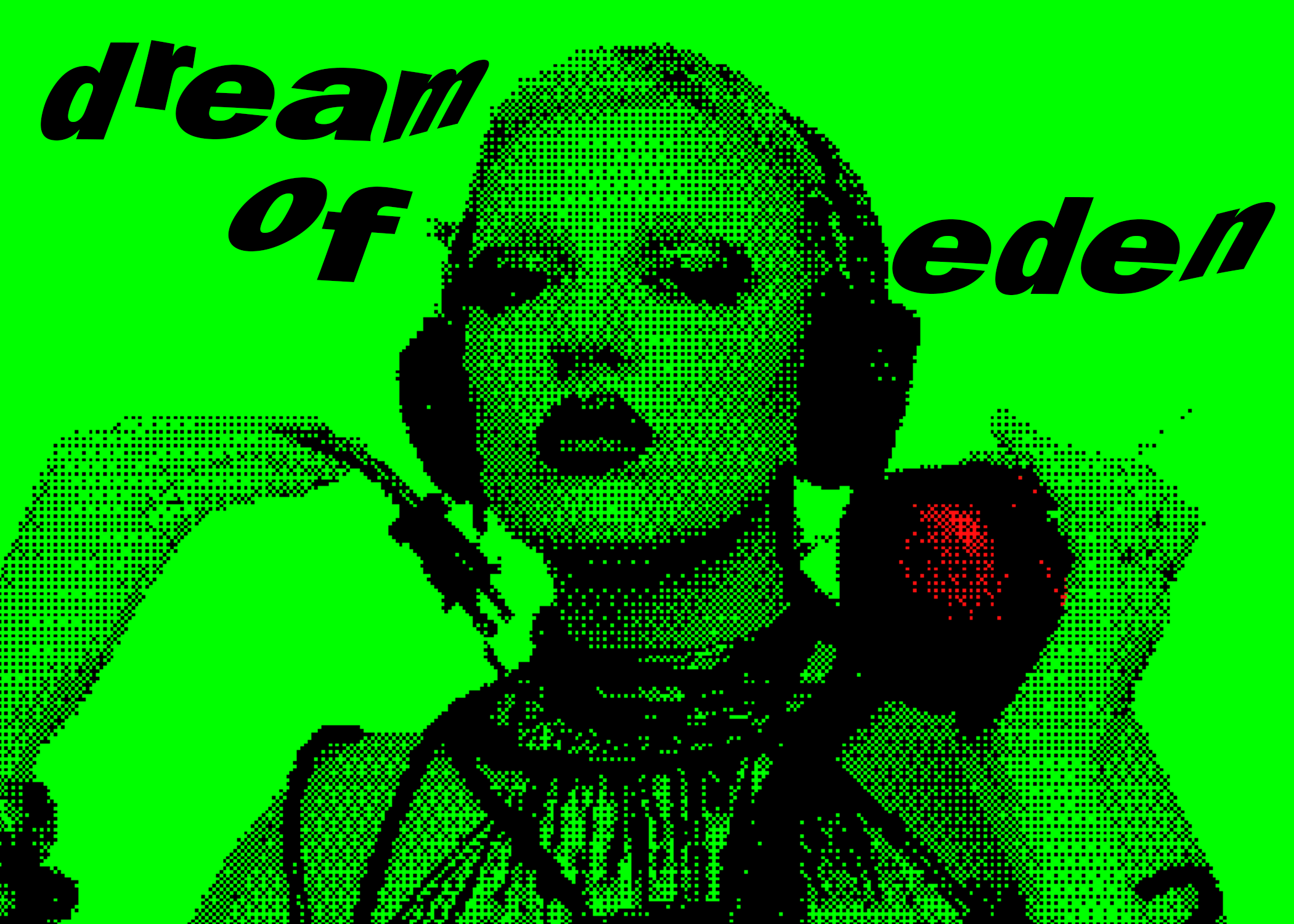 A pixelated graphic of a person on a lime green background. They are wearing headphones and holding a red apple. The word "dream of eden" are in distorted, curvy text on either side of their head.