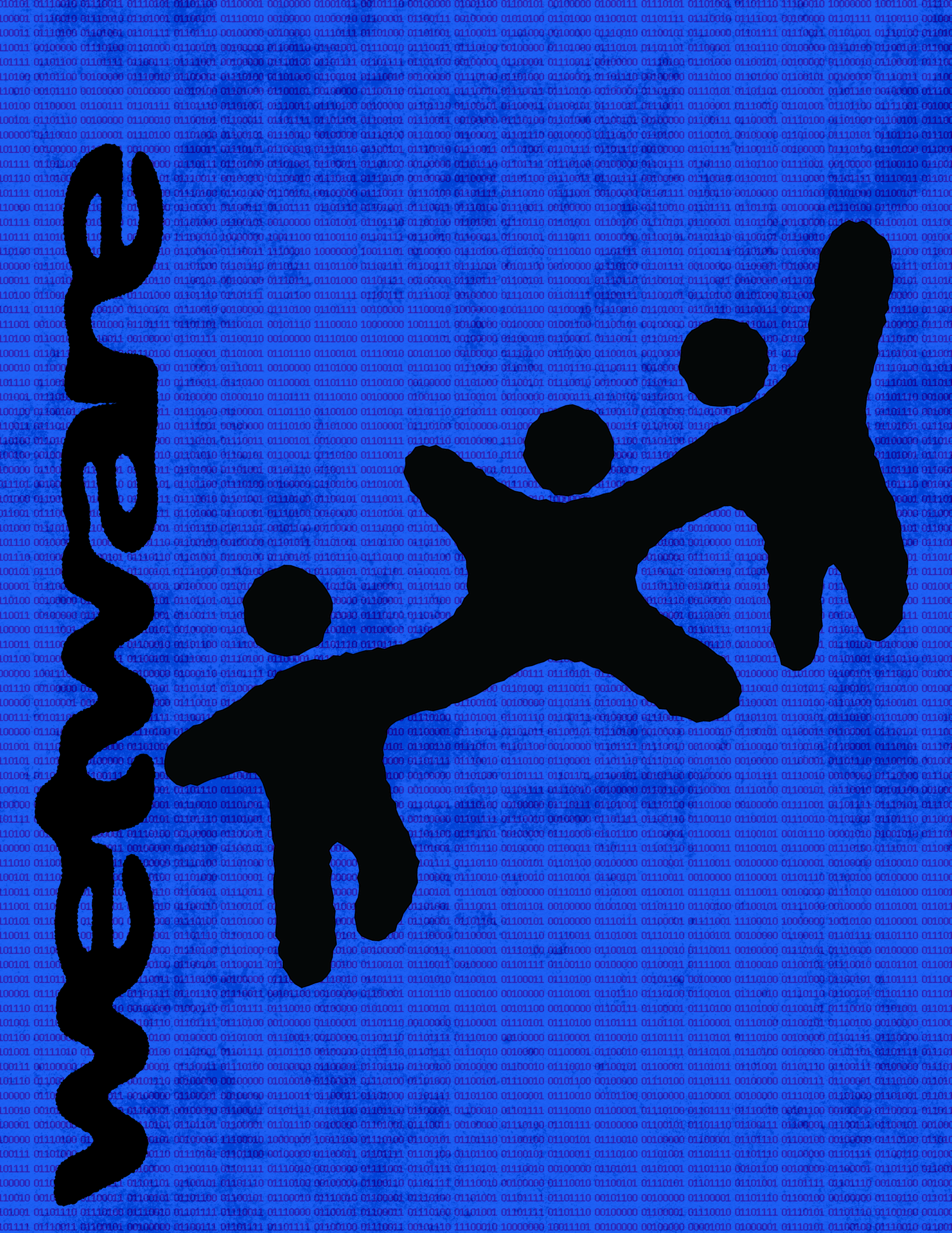 Blue background. Digital poster design of three human-like figures in black silhouttes and the word "wetware" in black text moving vertically up the left side of the image.