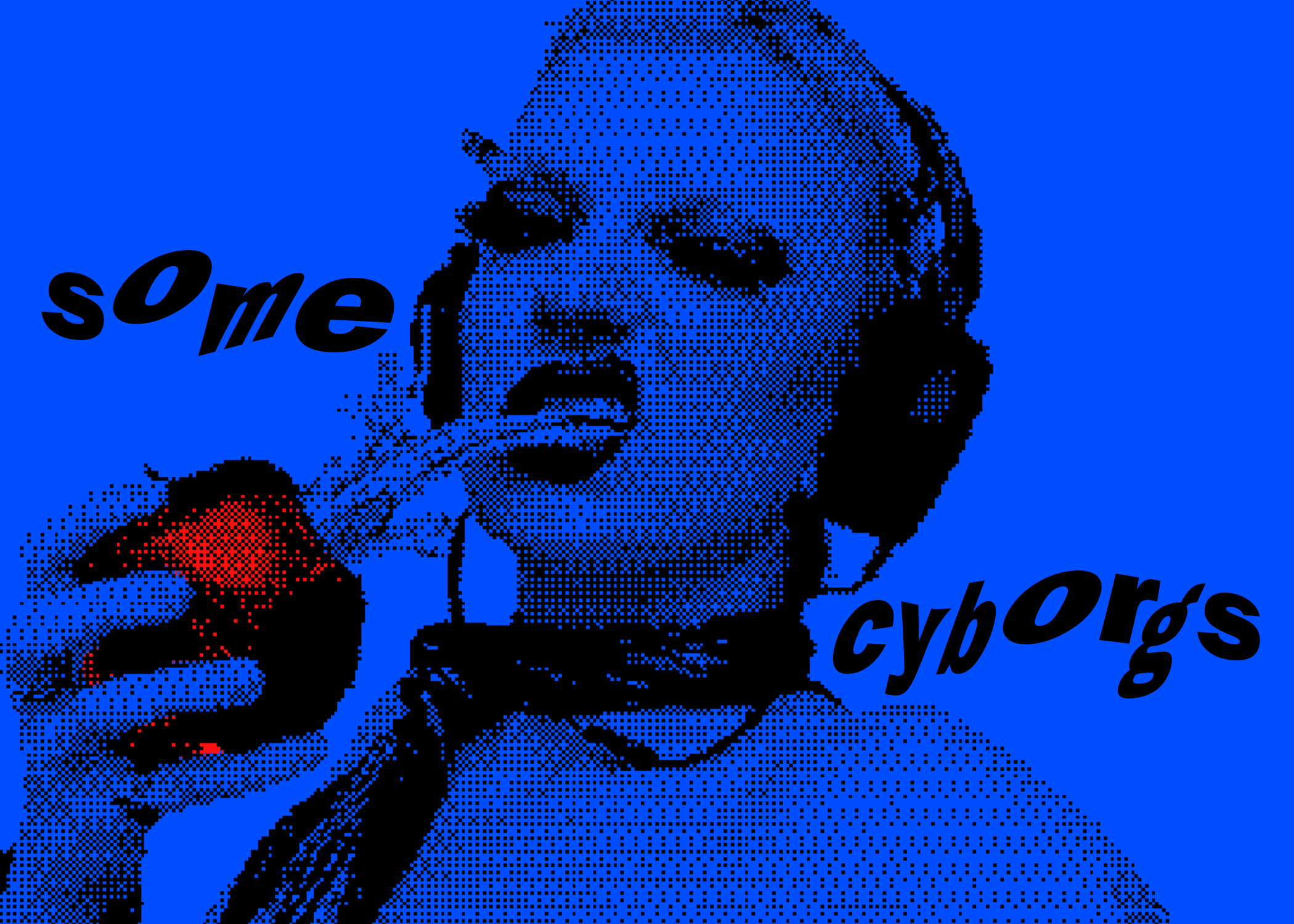 A pixelated graphic of a person on a blue background. They are wearing headphones and holding a red apple. The word "some cyborgs" are in distorted, curvy text on either side of their head.