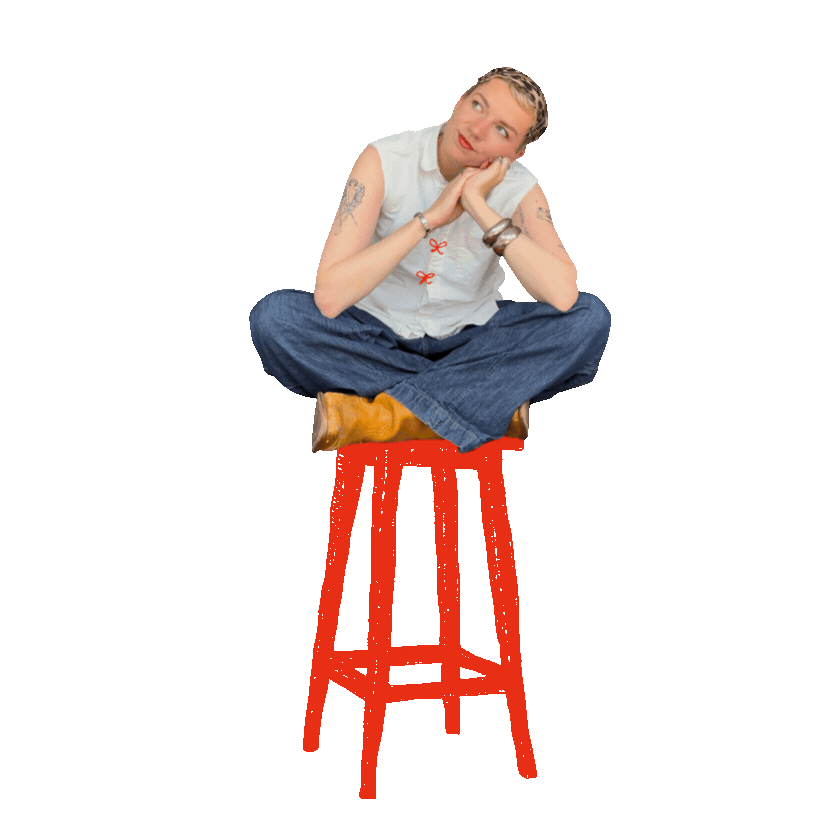 A person sitting cross-legged on a red doodled stool. As the gif moves, the person changes their position sitting on the stool.
