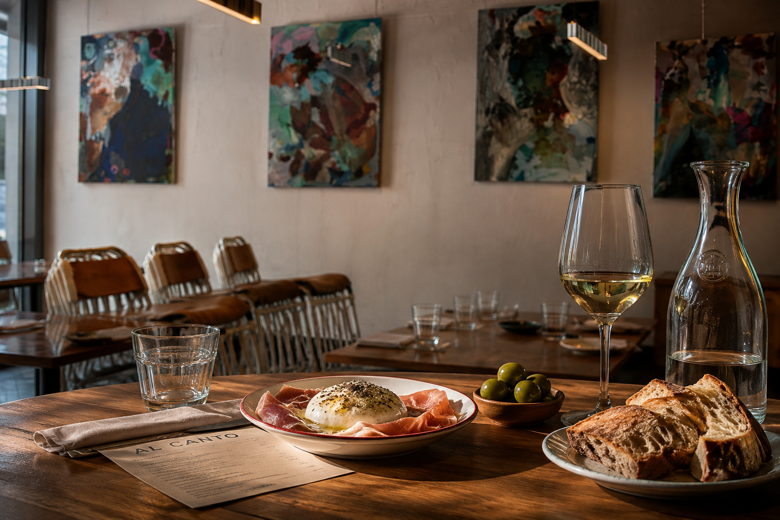 A restaurant table set with a glass of white wine, a bottle of water, bread, olives, and a plate of eggs with prosciutto. The background features wooden chairs and abstract art on the wall.