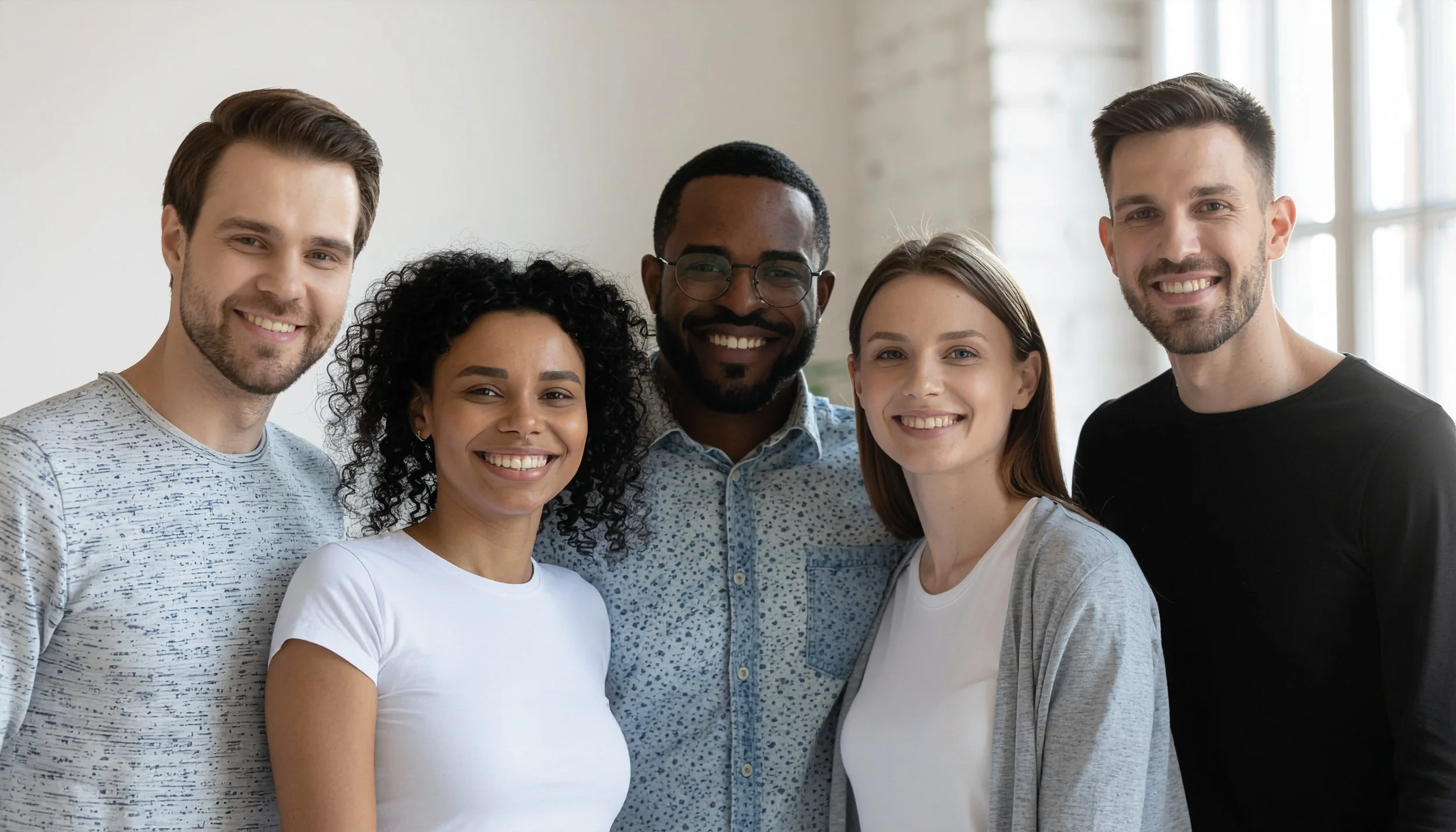 Group of five smiling young adults standing closely together indoors near large windows.