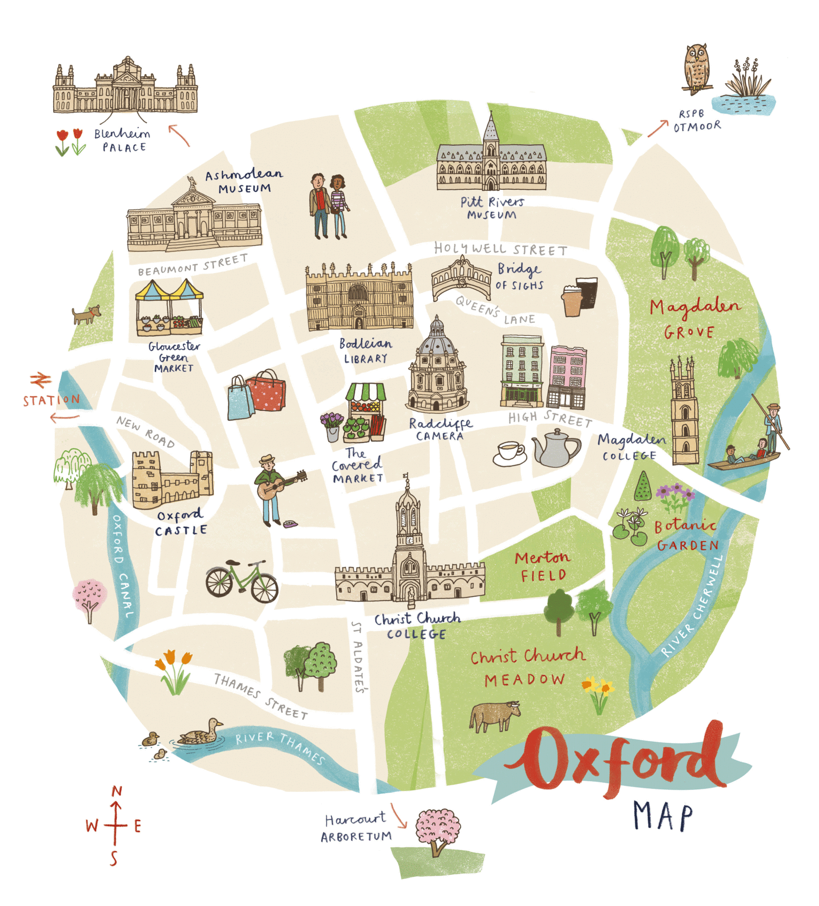 Colorful illustrated map of Oxford highlighting landmarks such as Blenheim Palace, Ashmolean Museum, Pitt Rivers Museum, Bodleian Library, Christ Church College, Merton Field, Botanic Garden, and University Church, with symbols representing parks, streets, and natural features.