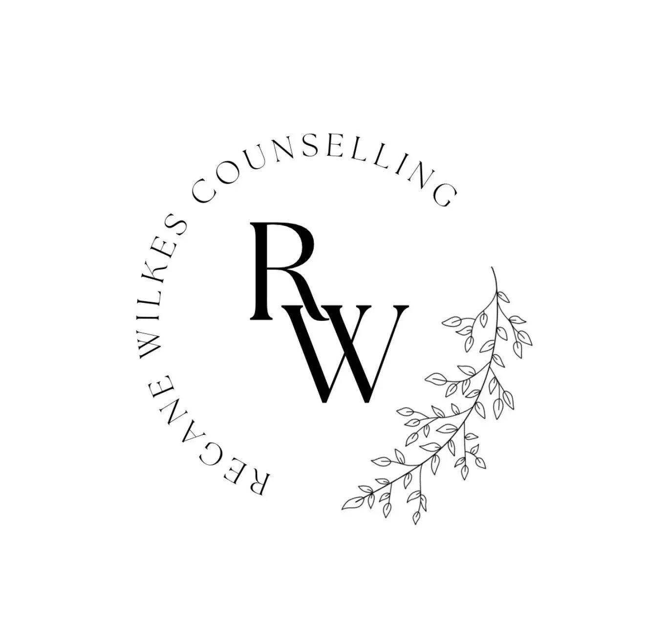 Black and white logo with the text "Regane Wilkes Counselling" around a circle of leaves and the initials 'R' 'W' in the centre.
