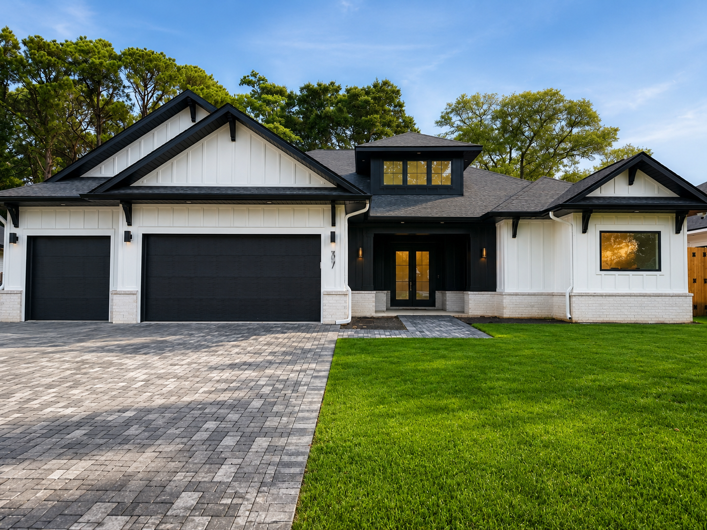 Modern house with black and white exterior, attached garage, gravel driveway, and front lawn with green grass, trees in the background, and sunset reflection in window.