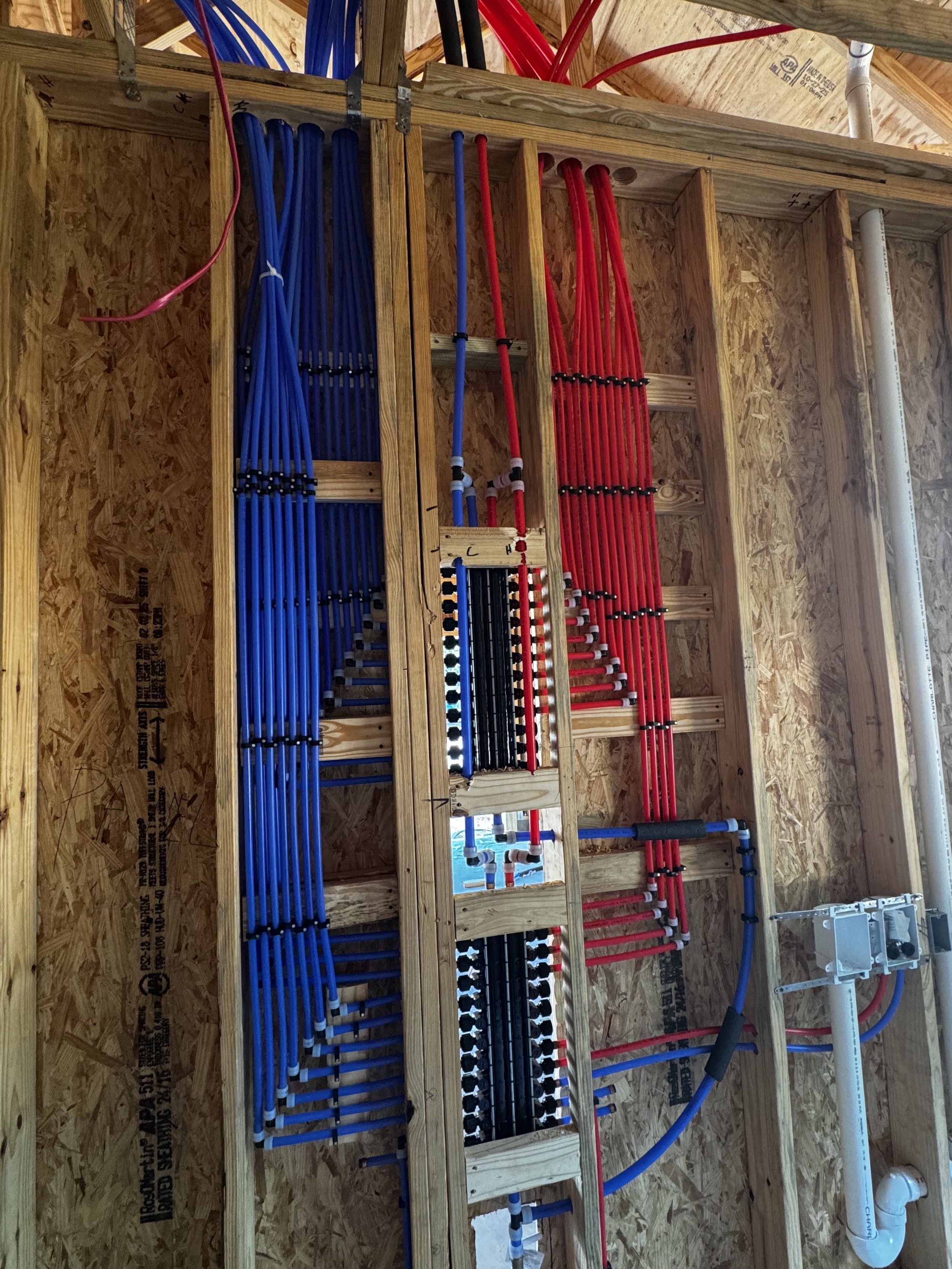 Interior view of a residential plumbing setup with blue and red water supply pipes organized and mounted on wooden framing, including a small white control box, PVC elbows, and pipes running through drywall and into the wall.