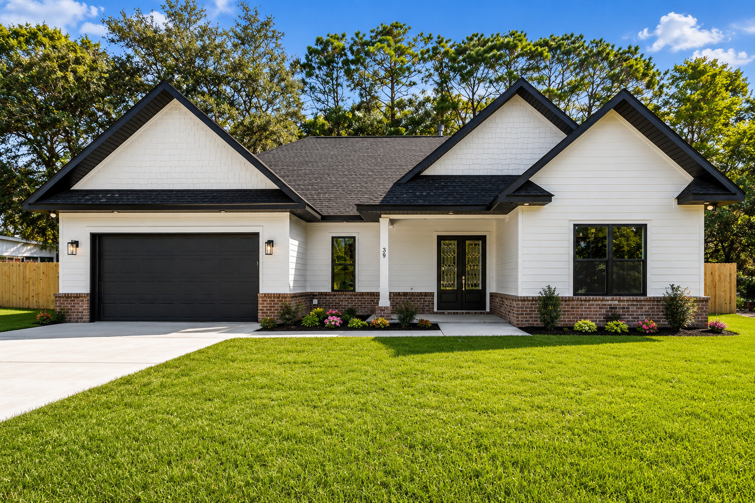Modern white house with black accents, a two-car garage, and a well-maintained lawn with flower beds, trees in the background, and a clear blue sky.