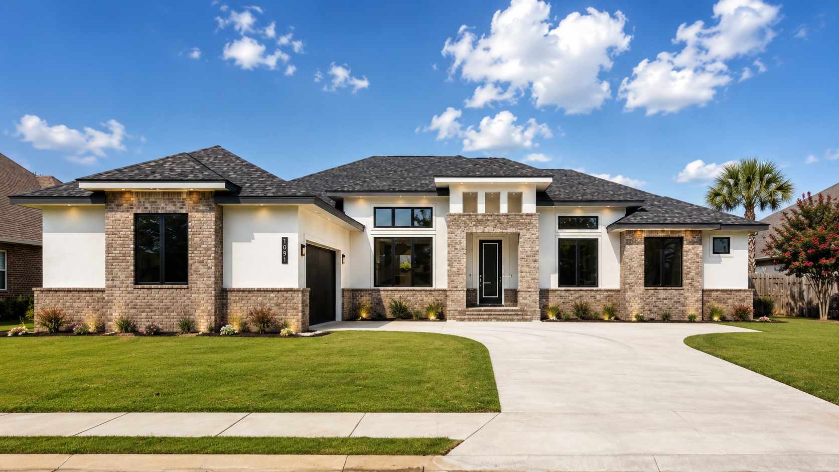 Modern two-story house with brick and white exterior, black roof, large windows, front porch with steps, well-manicured lawn, and palm trees under a blue sky with clouds.