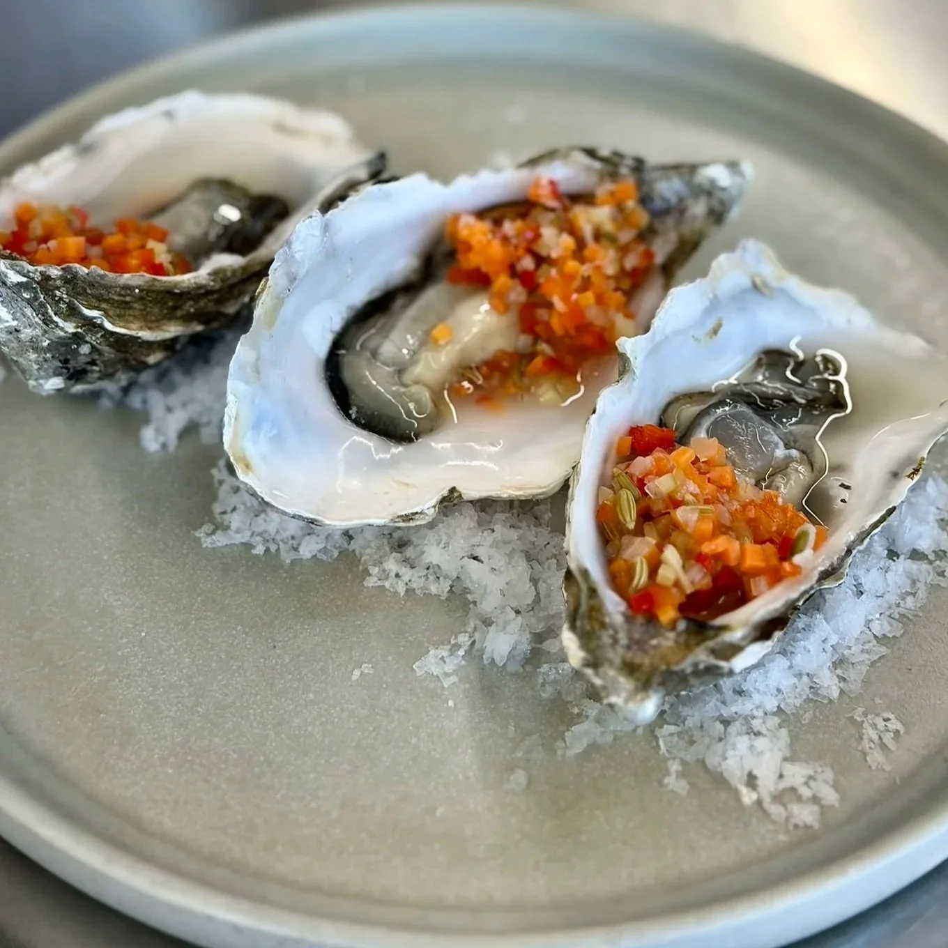 Close-up of three fresh oysters on a bed of ice, garnished with diced red and orange vegetables, served on a white plate.