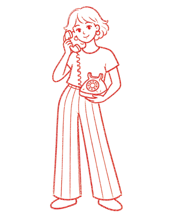 Line drawing of a woman talking on a corded phone while holding a bowl with a donut inside.