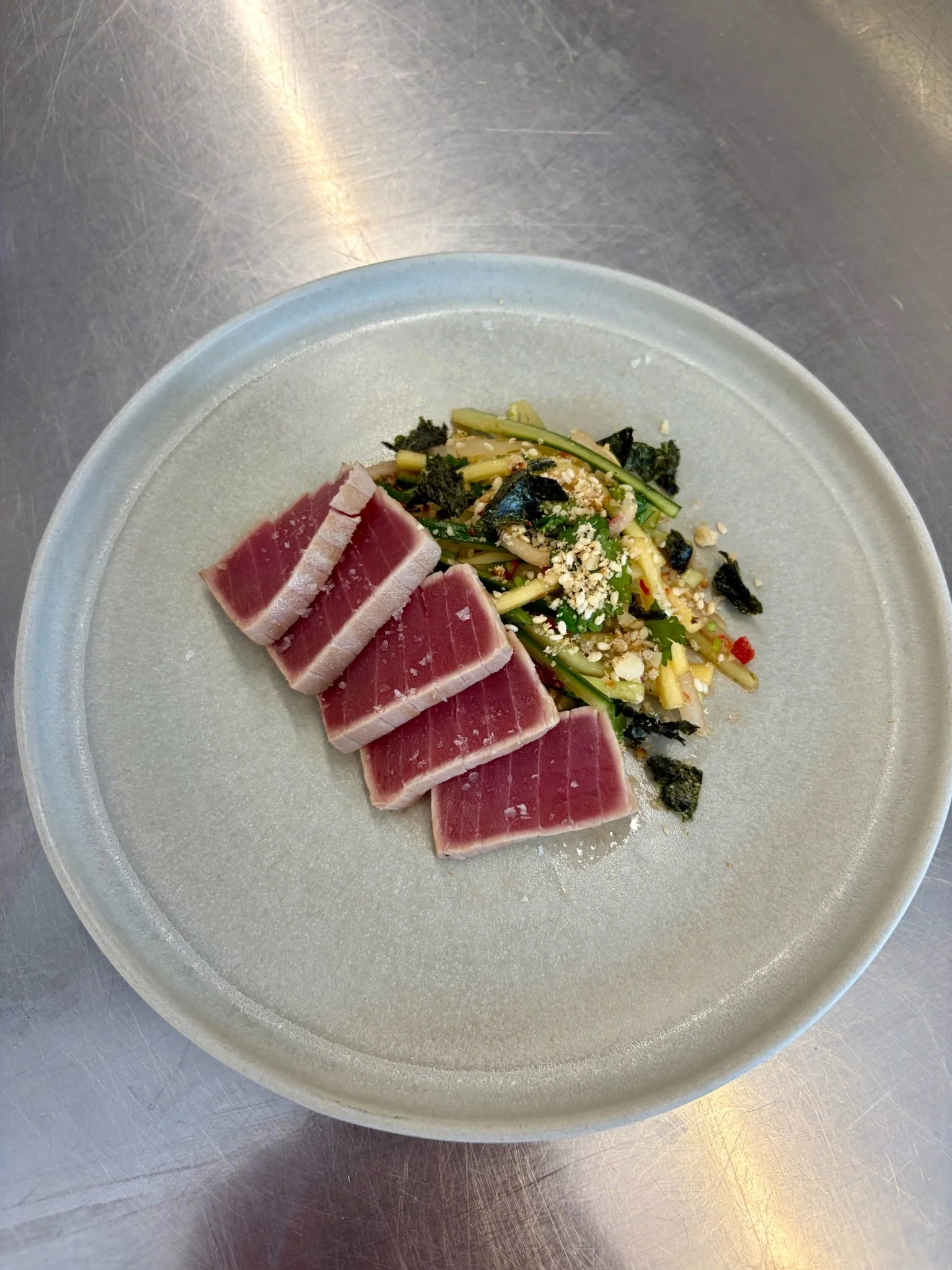 Seared yellowfin tuna with green mango salad.jpeg