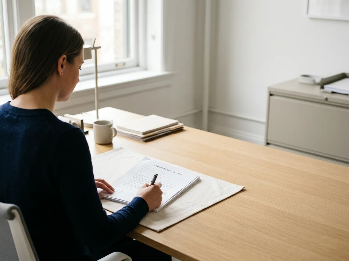 A woman sitting at a wooden desk writing on a document titled 'STATUTORY DECLARATION' with a pen. The desk has a white cloth, a coffee mug, and stacked papers. There is a window behind her with natural light coming in.