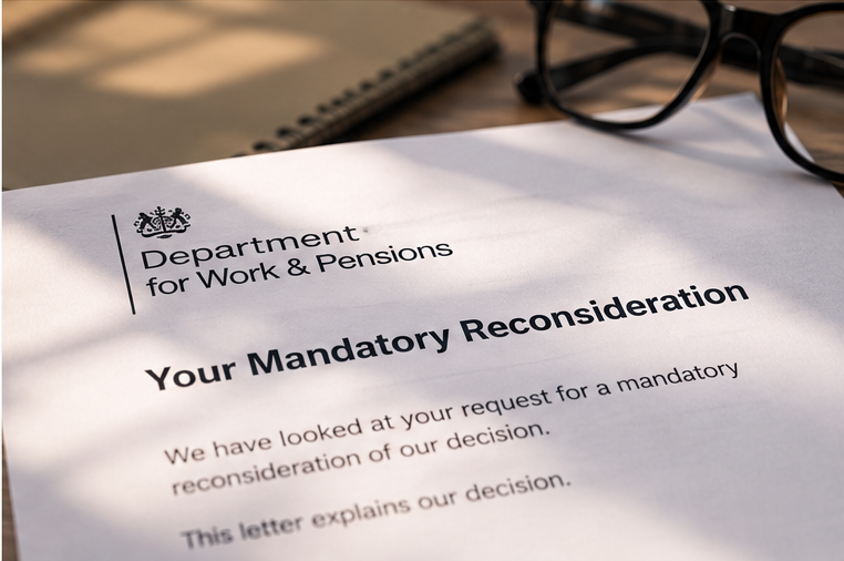A letter from the Department for Work & Pensions titled 'Your Mandatory Reconsideration,' placed on a desk with glasses and a notebook nearby.