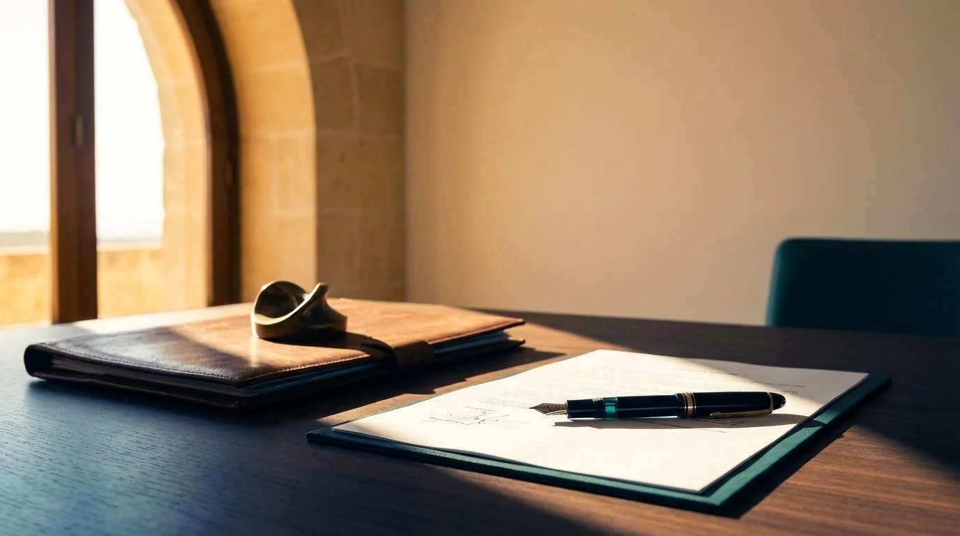 A wooden table with a black fountain pen on a white sheet of paper, a brown leather notebook with an elastic band, and a black pair of glasses in front of a large arched window with sunlight streaming in.