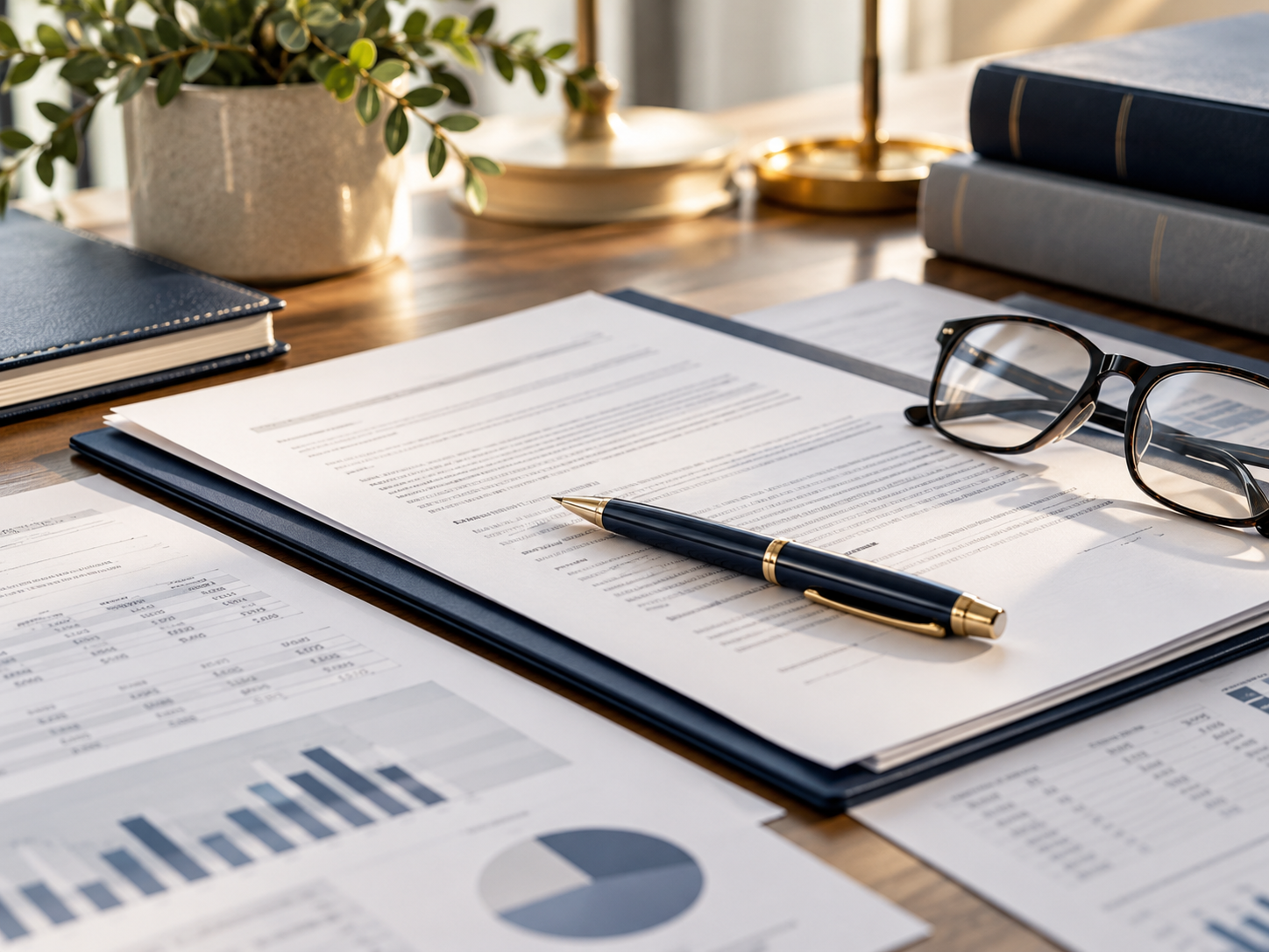 Desk with financial documents, a black pen, glasses, a potted plant, and stacked books, illuminated by natural light.