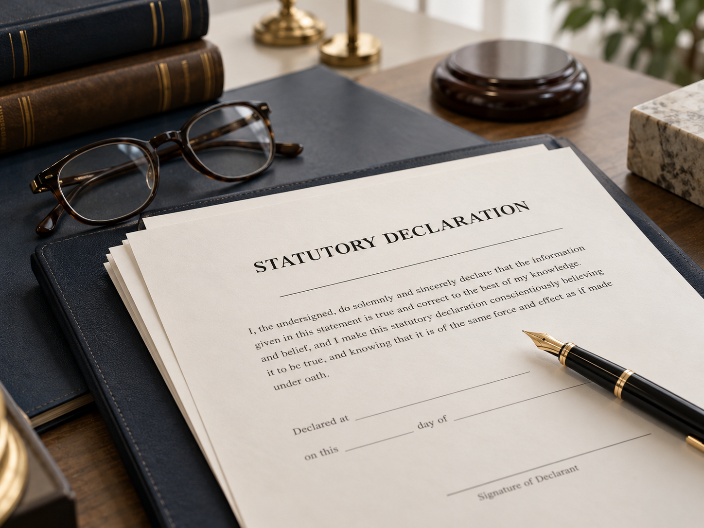 A close-up of a legal or official document titled 'Statutory Declaration' on a desk, with a fountain pen, glasses, books, and other office items.