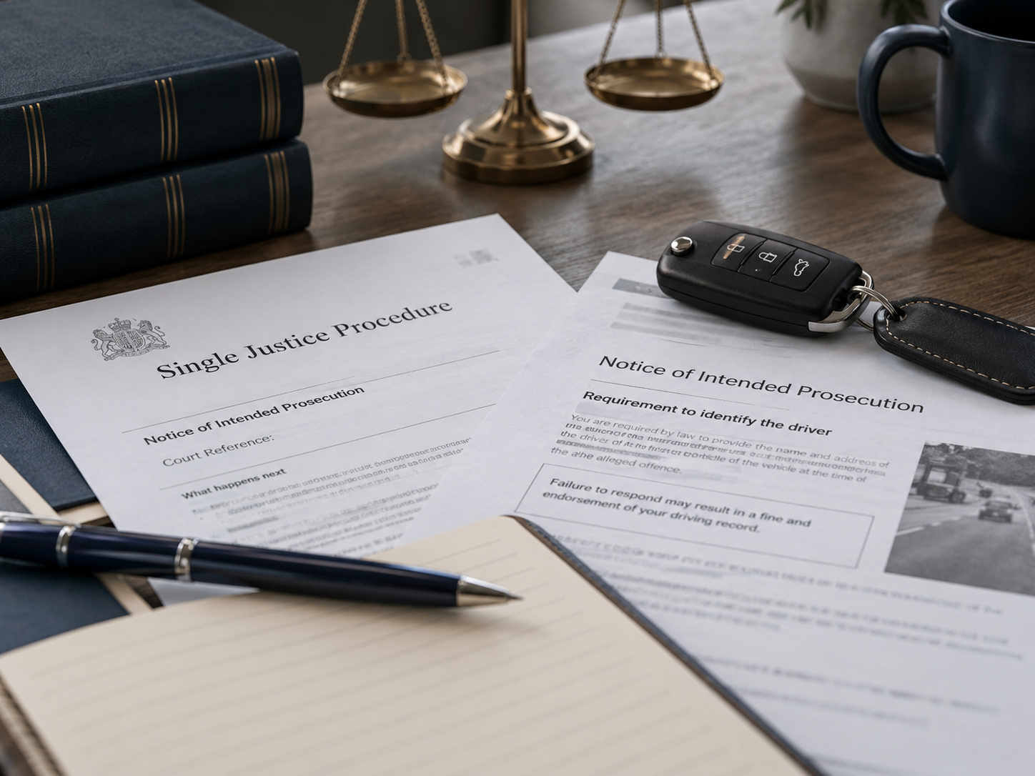 Legal documents related to a single justice procedure, a pen, car keys, a notebook, a black coffee mug, and a scale of justice on a wooden desk.