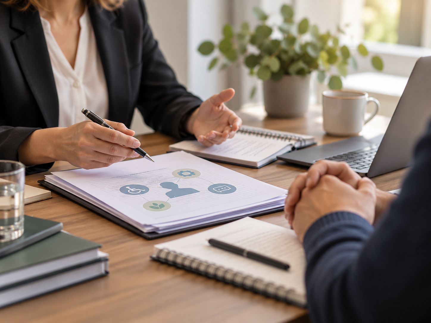 Business meeting at a wooden desk, two people discussing, one pointing to printed documents with icons, laptop, notebooks, a green potted plant, a white mug, a glass of water, and notebooks on the table.