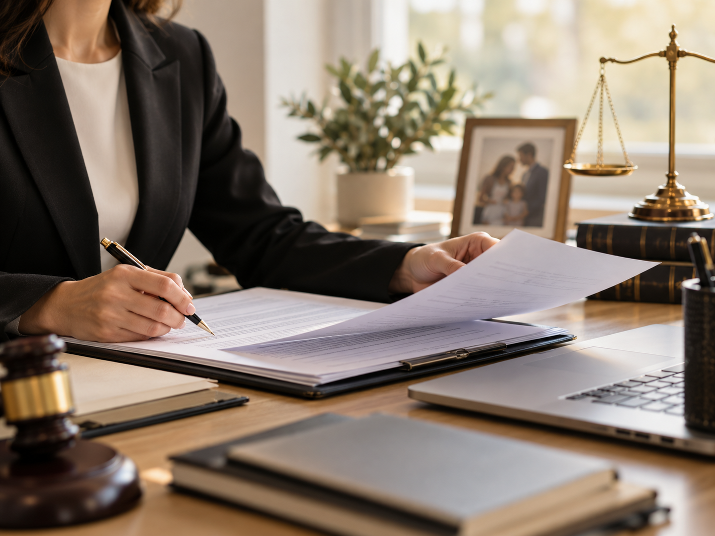 A woman in a professional black blazer and white shirt sitting at an office desk, filling out a legal document with a gold pen. The desk has a laptop, books, and a gavel. In the background, there is a framed family photo, a potted plant, and a scale of justice near a window with sunlight.