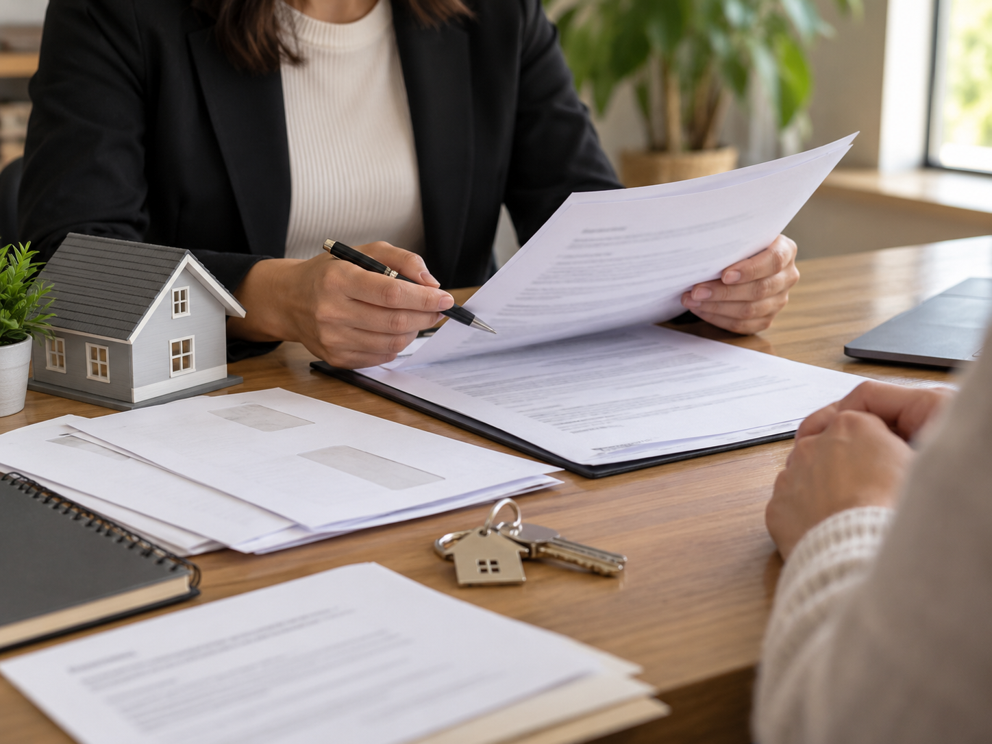 Person holding papers across a desk, with a small model house, a set of keys, and documents on the table.