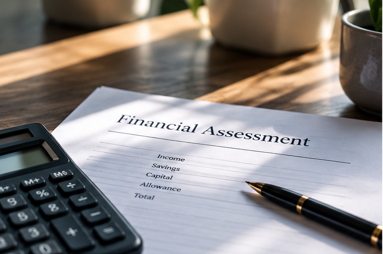 A financial assessment form on a wooden table with a calculator and a pen, and some potted plants in the background.