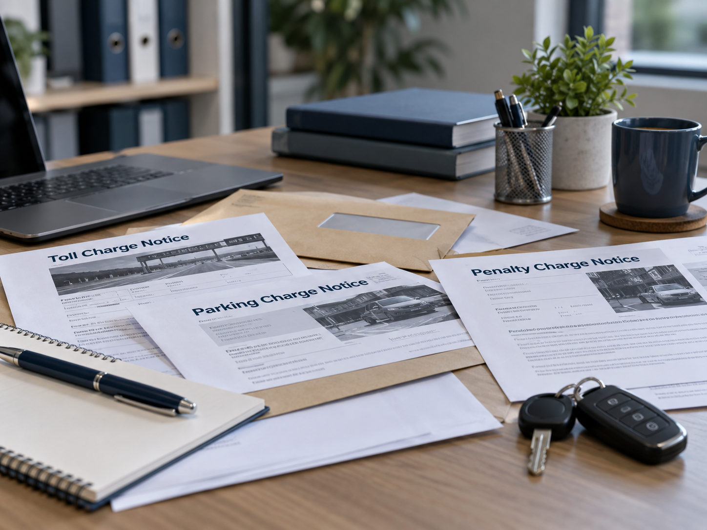 Desk with car-related notices including toll charge, parking charge, and penalty notice, along with car keys, a laptop, a pen, a notebook, folders, and office supplies.