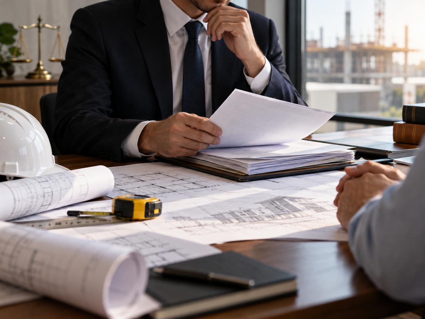 A man in a suit studies documents and blueprints at a desk, with architectural plans and tools such as a tape measure and rolled blueprints on the table.