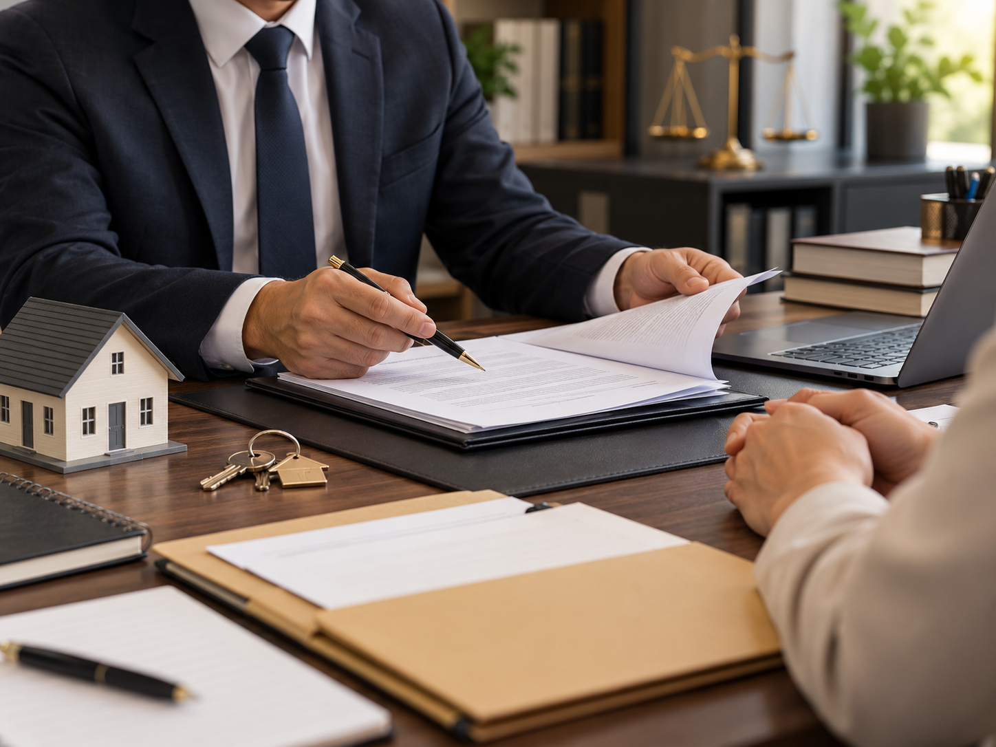 Business professional discussing real estate documents with another person at a desk, with house model, keys, and legal papers present.