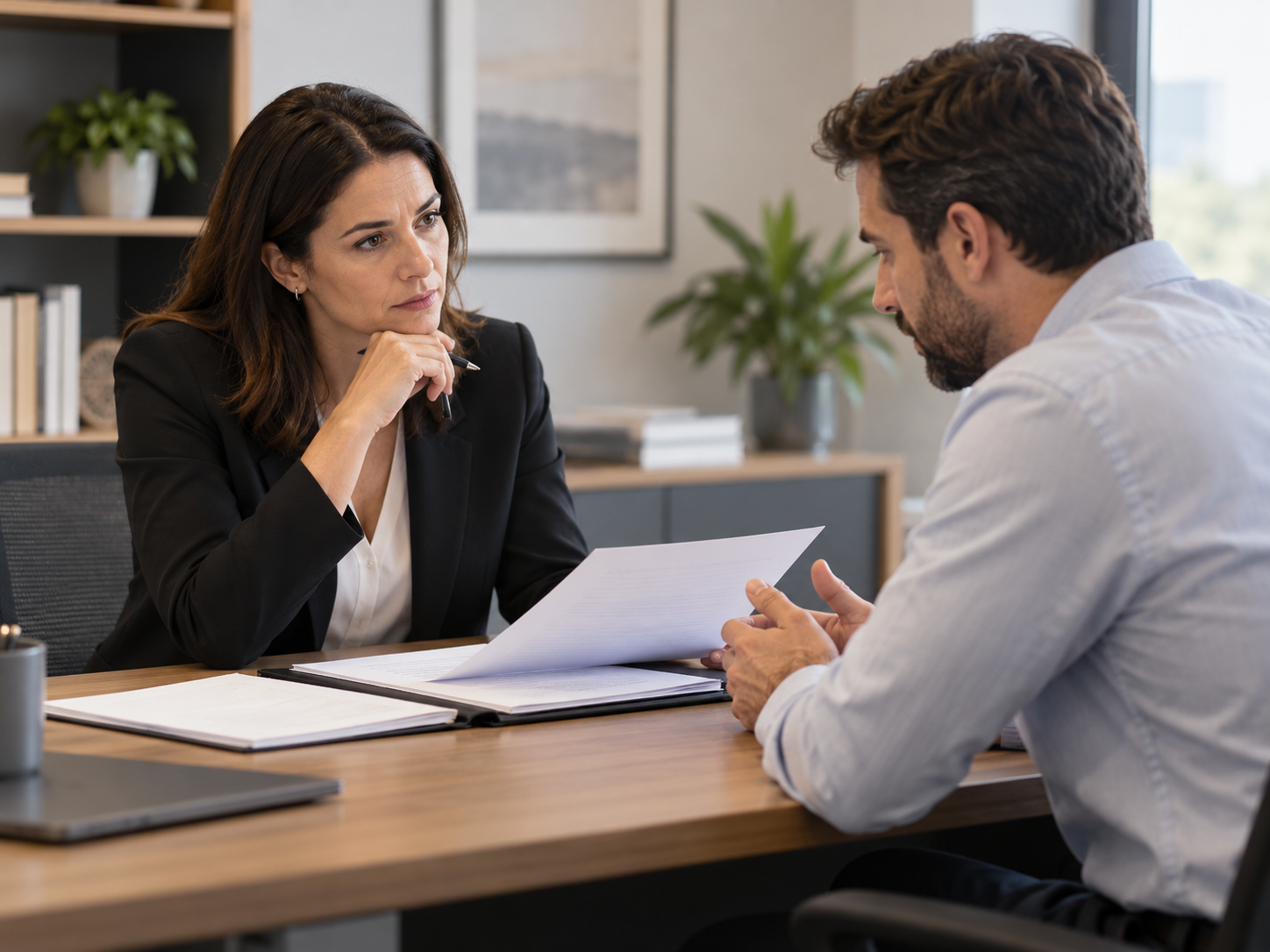 A woman in a black blazer and white blouse is sitting at a desk, looking thoughtfully at a man in a light-colored shirt who is holding some papers. They appear to be having a serious conversation in an office setting.