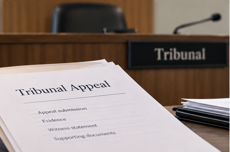 A document titled "Tribunal Appeal" on a desk with a stacks of papers, in front of a judge's bench with a "Tribunal" sign.
