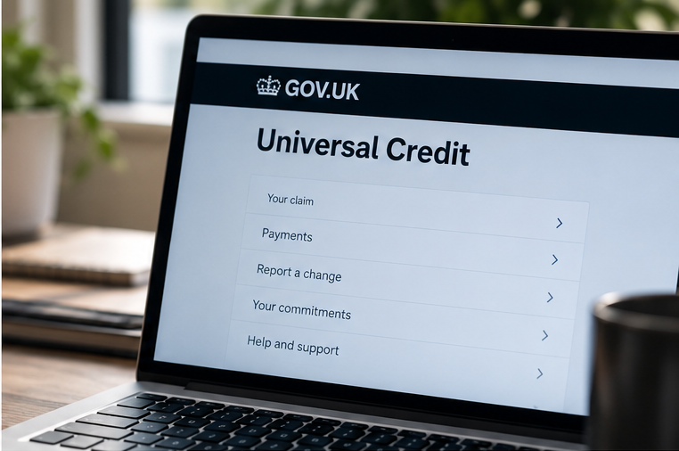 Laptop screen displaying GOV.UK Universal Credit webpage with menu options including claim, payments, report a change, commitments, and help and support.