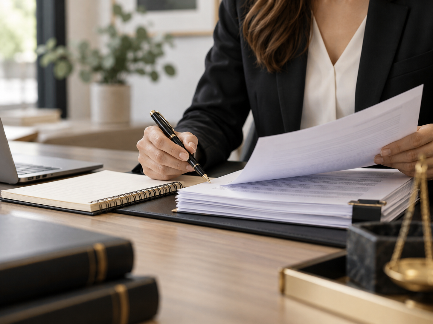 A woman in business attire reviewing documents at a desk with a laptop, notebooks, and gold scales in the foreground.