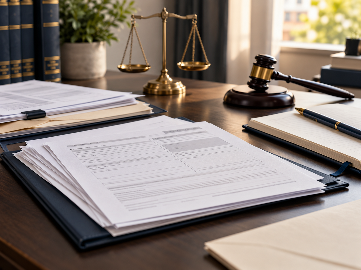 A law office desk with legal documents, a gavel, scales of justice, pens, and files, with a window in the background.