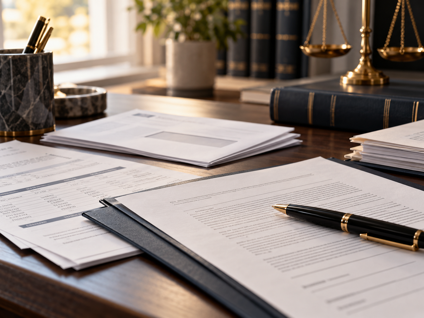 Legal documents, a pen, and office supplies on a wooden desk, with books and a planet in the background.
