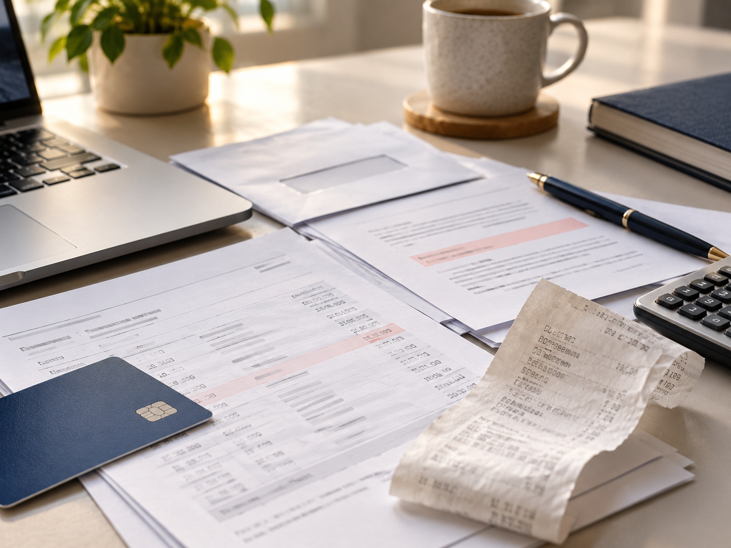 Desk with financial documents, a laptop, a credit card, a pen, a calculator, a plant, a cup, and a receipt.