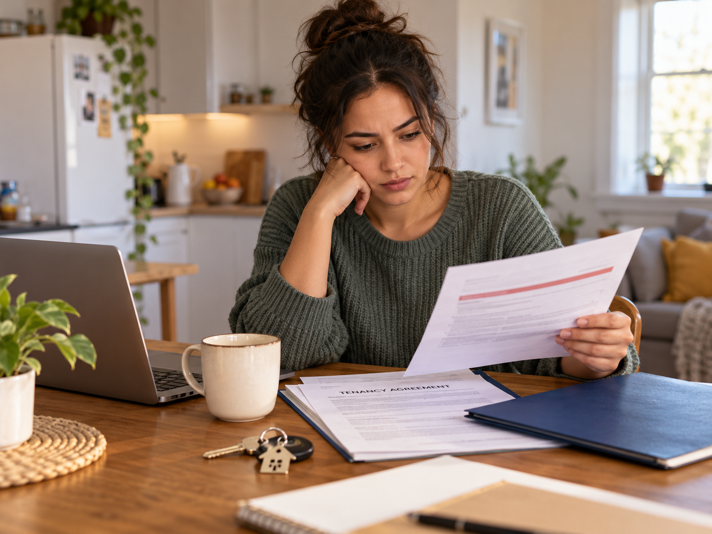 A young woman with brown hair in a messy bun reading a document labeled 'Tenancy Agreement' at a wooden table in a cozy home kitchen. She appears to be concerned or confused. On the table are a laptop, a coffee mug, a set of keys, a potted plant, a blue folder, and some notebooks.