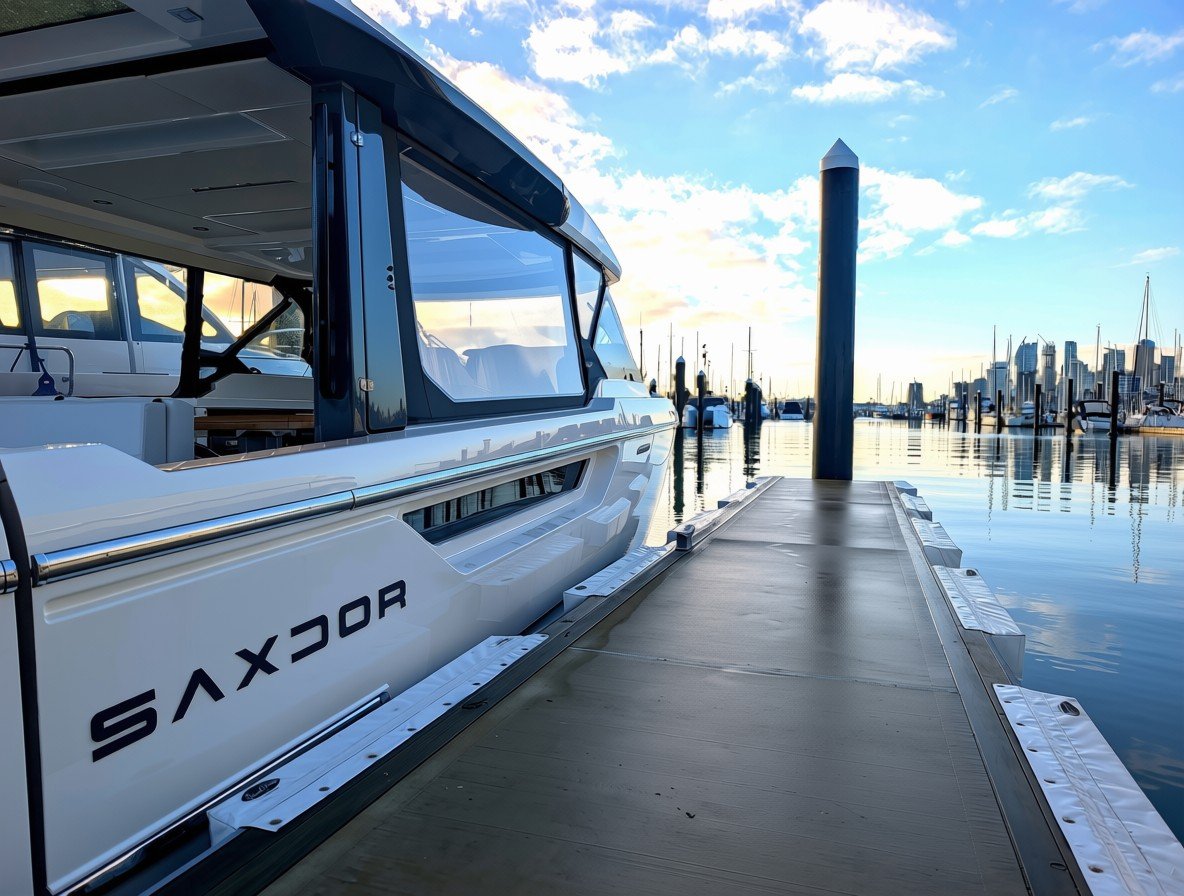 A white yacht docked at a marina with a city skyline in the background, calm water, and a clear sky.