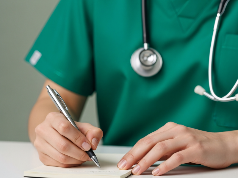 A healthcare professional wearing green scrubs and a stethoscope around their neck, writing on a notepad with a silver pen.