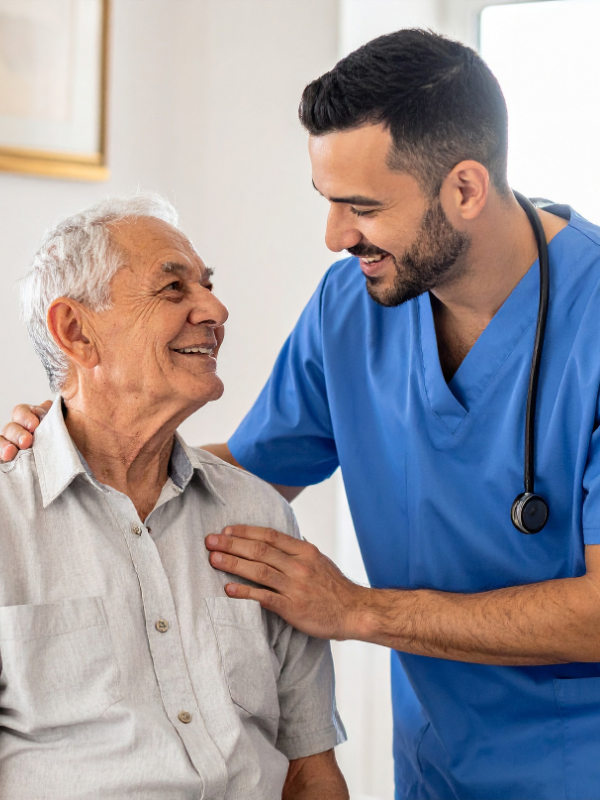 A healthcare professional in blue scrubs smiles and talks to an elderly man in a light-colored shirt, showing care and compassion.