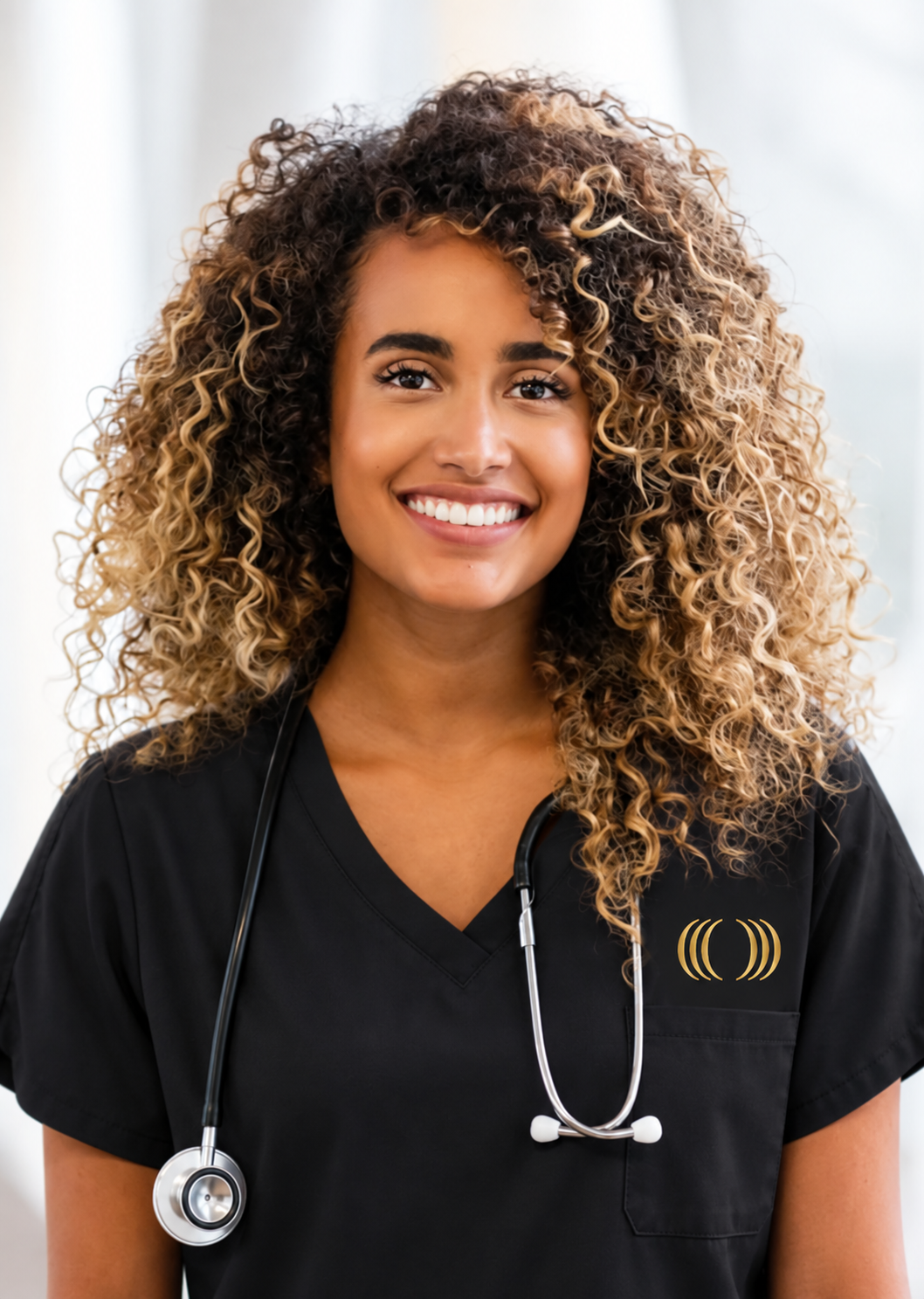 A diverse female nurse with curly hair wearing black scrubs and a stethoscope, smiling in a healthcare setting.