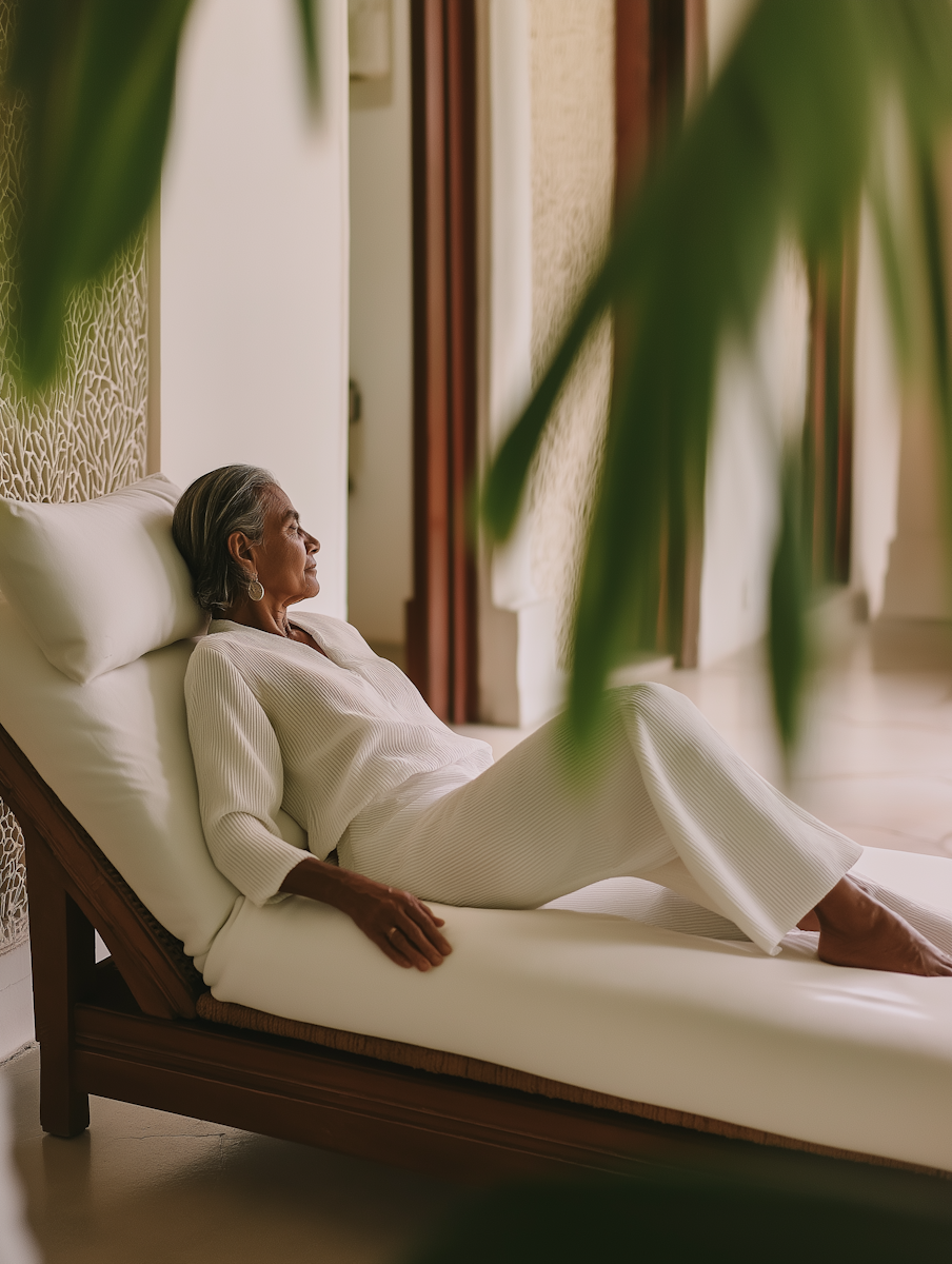 An elderly woman with gray hair relaxing on a daybed in a bright room, partially obscured by some large green leaves.