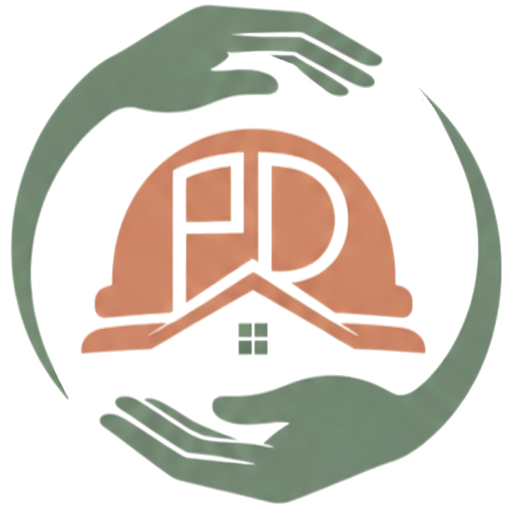 A logo featuring two green hands surrounding a house with a stylized letter 'P' and 'D' inside, and a small window at the bottom.