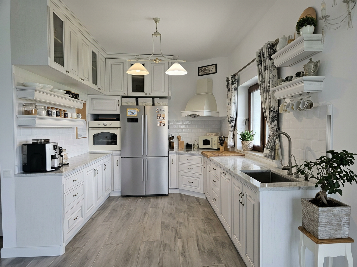 A bright kitchen with white cabinets, a stainless steel refrigerator, a microwave, and a sink by a window with floral curtains. There are shelves with dishes and plants, and a coffee machine on the counter.