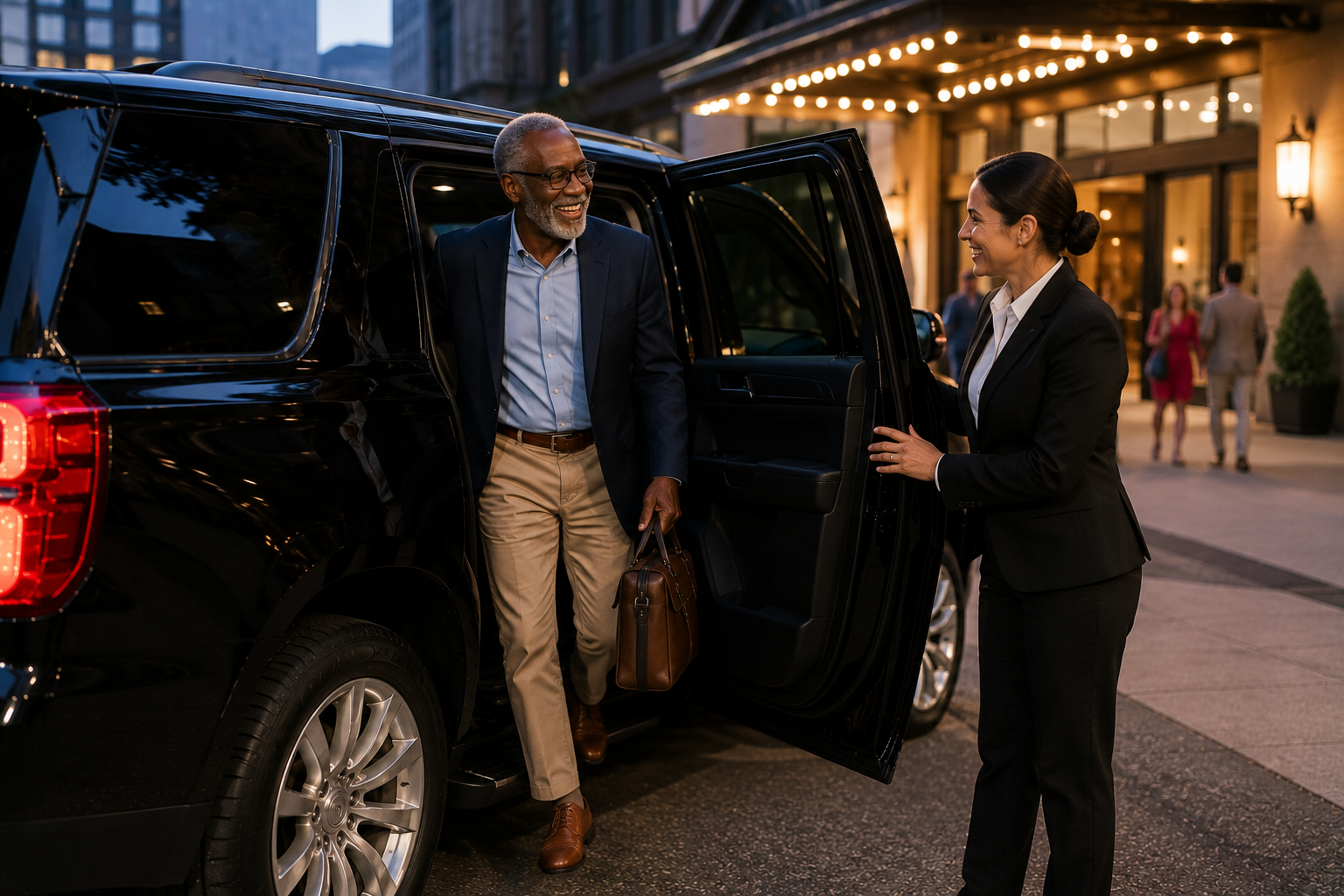 Hotel business arrival: Business traveler greeting a chauffeur beside a black SUV outside a hotel.